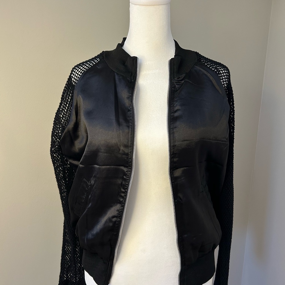 Furst of a Kind satin bomber jacket with net sleeves